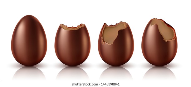 Chocolate egg whole and bitten realistic vector illustration. Collection of Easter chocolate sweets in eggs shape at different stages of eating, isolated on white background