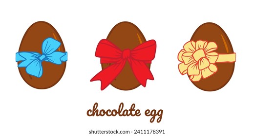 chocolate eggs with bow set. whole milk chocolate gift egg. Sweet symbol of Easter holiday. Vector dark cocoa dessert. Restaurant, cafe menu, holiday poster, greeting card, sticker, easter egg hunt