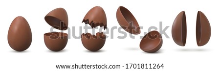 Chocolate eggs. Broken and cracked eggshell with halves and whole egg, Easter holiday celebration realistic symbol. Vector collection sweet dessert set for celebration