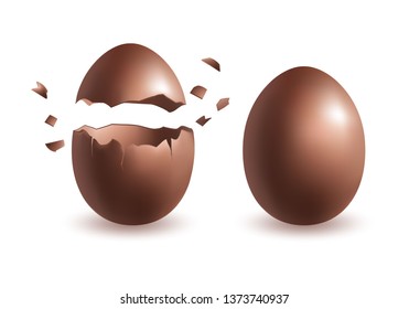 Chocolate eggs broken and whole one. Easter egg template isolated on white background.  Finest quality. Vector design element.
