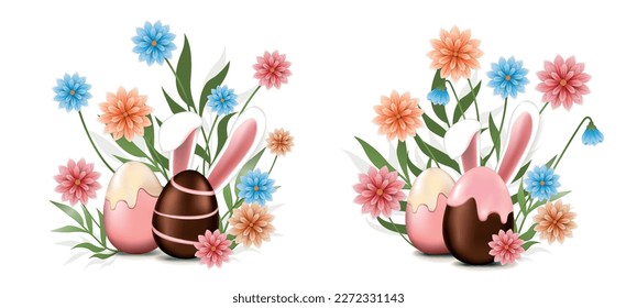 Chocolate eggs, Easter Bunny hidden in flowers. Easter design elements for greeting cards, prints, banners, etc. 