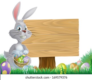 A chocolate eggs and Easter bunny sign with rabbit holding a basket of Easter eggs