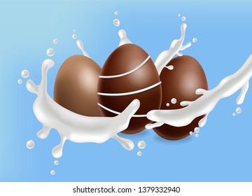 Chocolate eggs with milk splash Vector realistic. 3d detailed poster or label templates