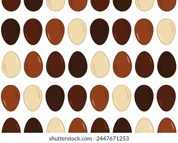 chocolate eggs seamless pattern. Brown, dark, milk chocolate eggs. Sweet symbol of Easter holiday. Vector dark cocoa dessert. Restaurant, cafe menu, holiday, card, poster decoration.