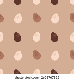 Chocolate eggs seamless pattern. Happy Easter. Easter sweets .Chocolate candies in the shape of eggs made of white, milk, and dark chocolate. Seamless pattern on a light background.