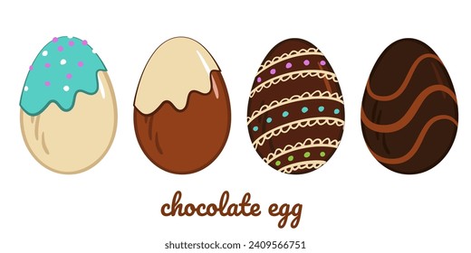 chocolate eggs set. Brown, dark, milk chocolate decorated egg. Sweet symbol of Easter holiday. Vector dark cocoa dessert. Restaurant, cafe menu, holiday, card, poster decoration.