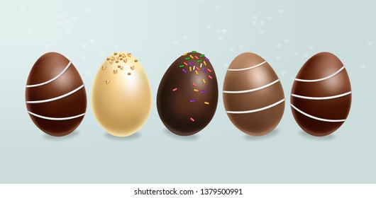 Chocolate eggs set Vector realistic. Milk chocolate and dark chocolate. 3d detailed poster or label collections