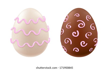 Chocolate eggs of white and dark chocolate decorated with curls and waves. Easter design. Sweet gift.