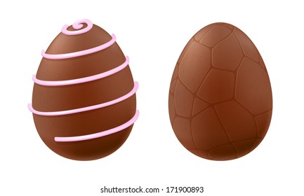 Chocolate eggs of white and dark chocolate decorated with lines and cracks. Easter design. Sweet gift.