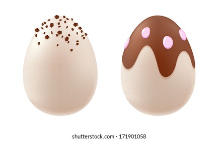 Chocolate eggs of white and dark chocolate. Easter design. Sweet gift.