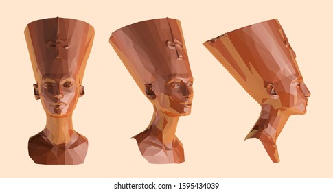 Chocolate Egyptian Queen Nefertiti. Set of Brown Shiny Cleopatra Sculptures on Isolated Background. Low Poly Vector 3D Rendering