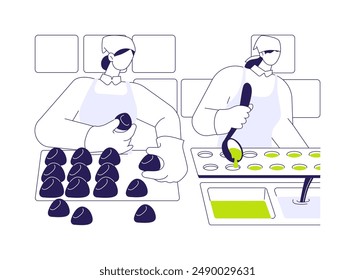 Chocolate factory abstract concept vector illustration. Group of factory workers making chocolate, desserts manufacturing process, confectionery industry, truffle candies abstract metaphor.