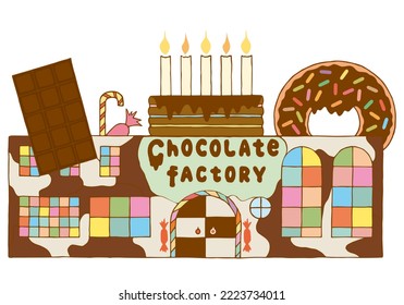 Chocolate factory decorated cake with candles, chocolate, donut, candies.