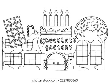 Chocolate factory decorated cake with candles, chocolate, donut, candies.	Coloring page. Hand Drawn. Freehand drawing. Doodle. Sketch. Outline.