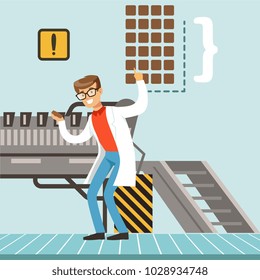 Chocolate factory production line, male confectioner controlling the production process vector Illustration