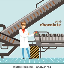 Chocolate factory production line, male controller controlling the production process vector Illustration