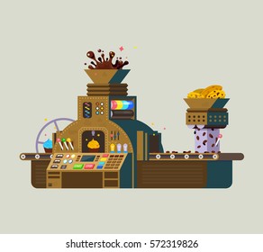 Chocolate Factory Vector Iilustration. Print Of Creative Chocolate Food Preparation, Made From Roasted And Ground Cacao Seeds. Smart Sweets Processing Machine  