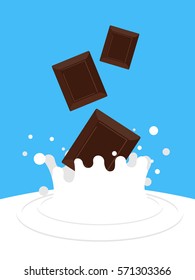chocolate falling in milk. White spray. Sweet Dairy Dessert
