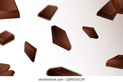 Chocolate falls seamless template. Repeating design element for printing on fabric. Confectionery, delicious and sweet dessert and delicacy. Milk chocolate chunks. Realistic 3D vector illustration