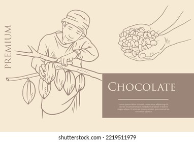 chocolate farmer of ink on vintage paper for banner and label packaging. chocolate farmer of handmade ink sketches for posters, art prints, fabric patterns, and graphic designs.