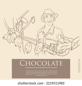 chocolate farmer of ink on vintage paper for banner and label packaging. chocolate farmer of handmade ink sketches for posters, art prints, fabric patterns, and graphic designs.