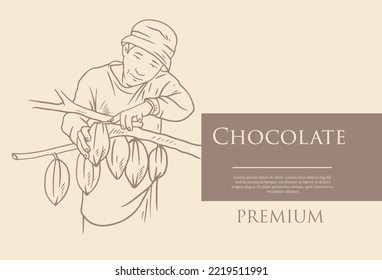 chocolate farmer of ink on vintage paper for banner and label packaging. chocolate farmer of handmade ink sketches for posters, art prints, fabric patterns, and graphic designs.