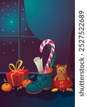 Chocolate figurine of St. Nicholas with gifts against a window. Holiday background Saint Nicholas, Sinterklaas, gifts for children with cookies, chocolate, nut, tangerines and sweets