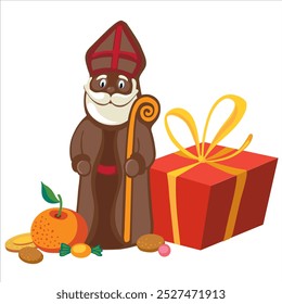 Chocolate figurine of St. Nicholas with gifts. Holiday background Saint Nicholas, Sinterklaas, gifts for children with cookies, chocolate, nut, tangerines and sweets