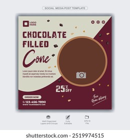 Chocolate Filled Ice Cream Cone Social Media Post Template with 25% Discount Offer