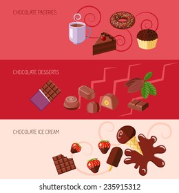 Chocolate flat banners set with pastries desserts ice cream isolated vector illustration