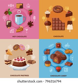 Chocolate flat concept with hot drink from cacao beans, pastry, candy isolated on color background vector illustration