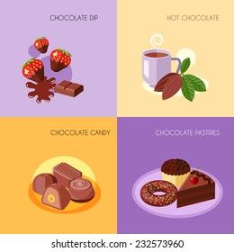 Chocolate flat icons set with dip hot candy pastries isolated vector illustration