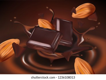 Chocolate flavor with almond seeds, tasty liquid twisted in the middle isolated on solid color background, Vector realistic in 3d illustration. Of free space for your copy amd branding.