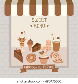 Chocolate flavor of dessert menu cafe shop showcase decoration with awning and brick wall in brown and  pastel background colors.Illustration vector.