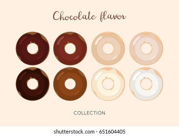 Chocolate flavor donut collection. Vector set of 8 glazed donuts with gradient from dark to bright, isolated