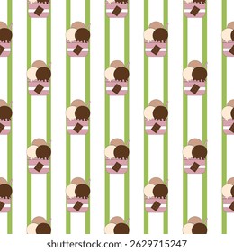 Chocolate flavor ice cream seamless pattern green stripped background. Perfect for Prints, Wrapping Paper, Wallpaper, Textiles, Stationery, and Fabric. 