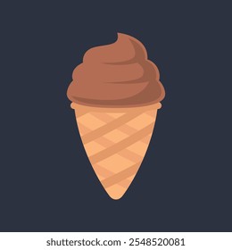 chocolate flavor ice cream wafer cone in flat vector design.