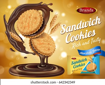 chocolate flavor sandwich cookie ad with packaging and wheat elements, 3d illustration