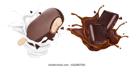 Chocolate flavor tasty and Milk splashing in the middle isolated on white background. Vector realistic in 3d illustration. Food concept.