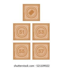 Chocolate flavored condom in package size 51, 53, 55 and 57 illustration brown color and chocolate icon flat design isolated on white background