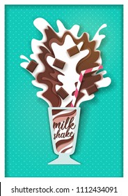 Chocolate flavored milkshake. Vector paper cut glass of whipped iced dairy drink with chocolate, milk splashes design template for recipe, menu, banner, flyer, poster etc.