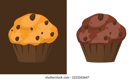 Chocolate flavored muffins with chocolate chips. Vector illustrations