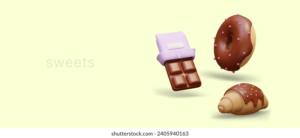 Chocolate flavored sweets. Glazed doughnut, croissant with topping, unfolded chocolate bar. Delicious aromatic snacks. Horizontal template for web design