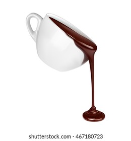  Flujo de chocolate de la taza aislada sobre fondo blanco cerca