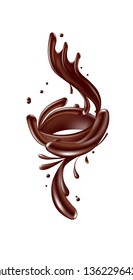 Chocolate flow, falling drops and splash, 3d vector graphic element 
