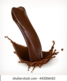Chocolate flow, falling drops and splash, 3d vector graphic element