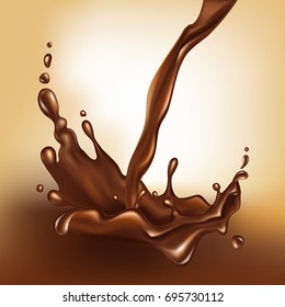 Chocolate flow. Realistic falling drops and splash. Vector illustration. 