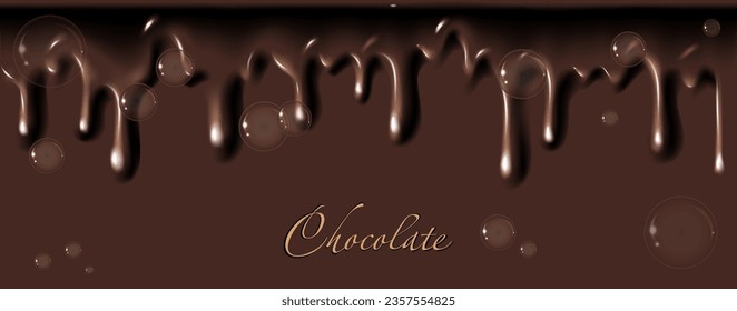 Chocolate flowing background with bubbles. Vector sweet illustration