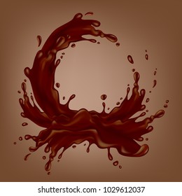Chocolate flowing in a circle. Realistic splash of liquid chocolate. Vector illustration. 