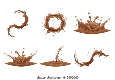 Chocolate Flowing Splash Drop Wave Whirlpool Cartoon Vortex Icon Set Isolated Design Vector Illustration